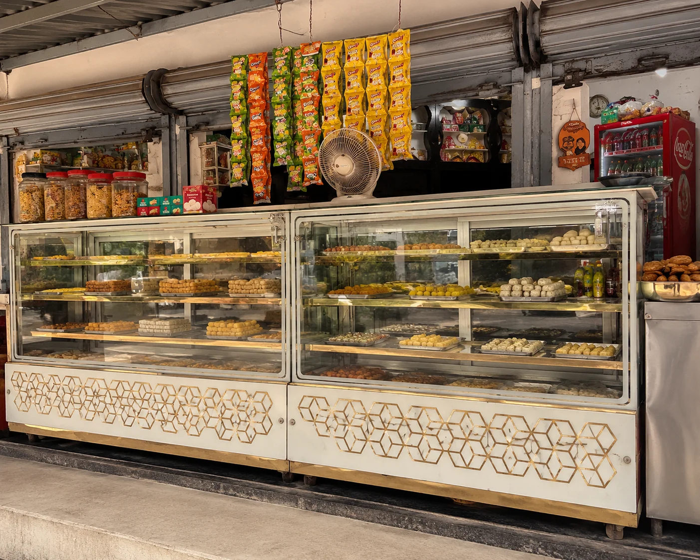 Display counter filled with handcrafted Indian sweets and mithai